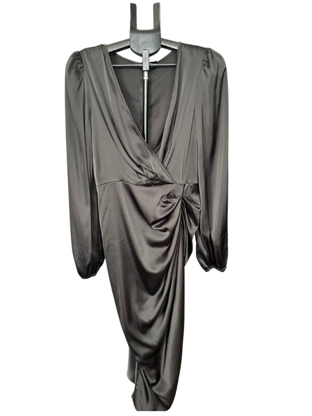 SHEIN SXY Black Satin Ruched Midi Dress Size L 8/10 Long Sleeve NWT